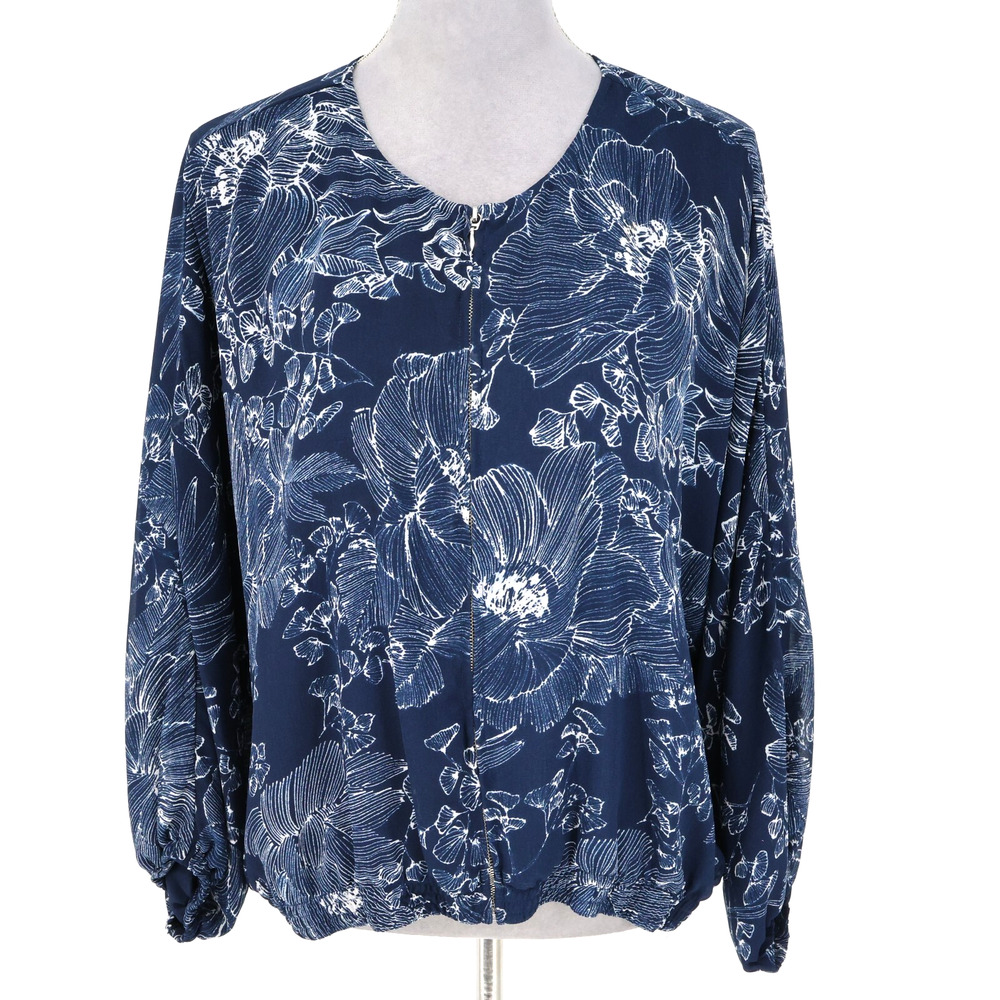 Chicos Black Label Jacket 3 Womens XL Blue Floral Full Zip Rayon Elastic Waist